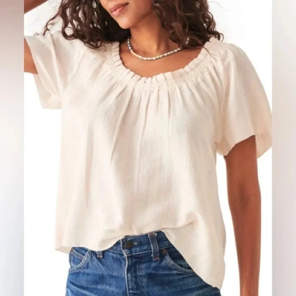 Faherty linen Annabelle top blouse short sleeve embroidered peasant textured